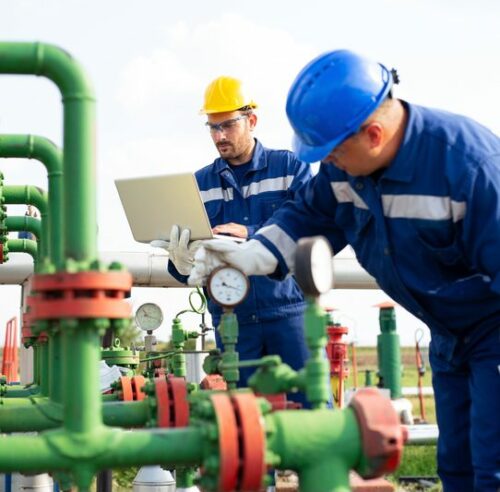 An Employee using an LMS on a Laptop, other checking the pressure meter An Employee using the Best LMS for Safety