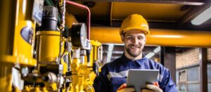 Power plant engineer in safety work wear standing by viewing chemical hazard instructions