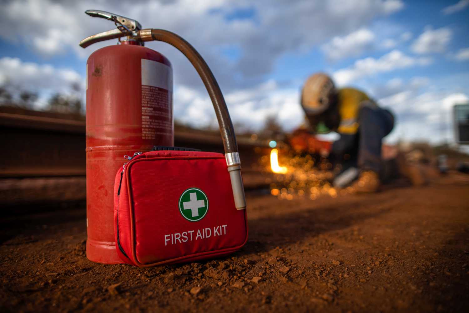 Safe workplace red First Aid Kit together with fire extinguisher