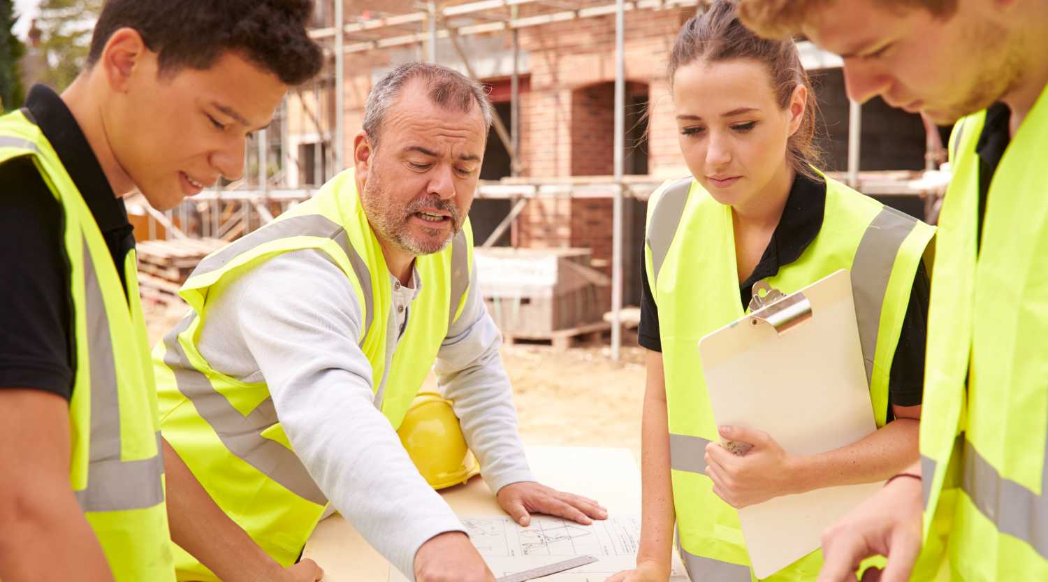 3 team members discuss workplace safety topics on a construction site. 