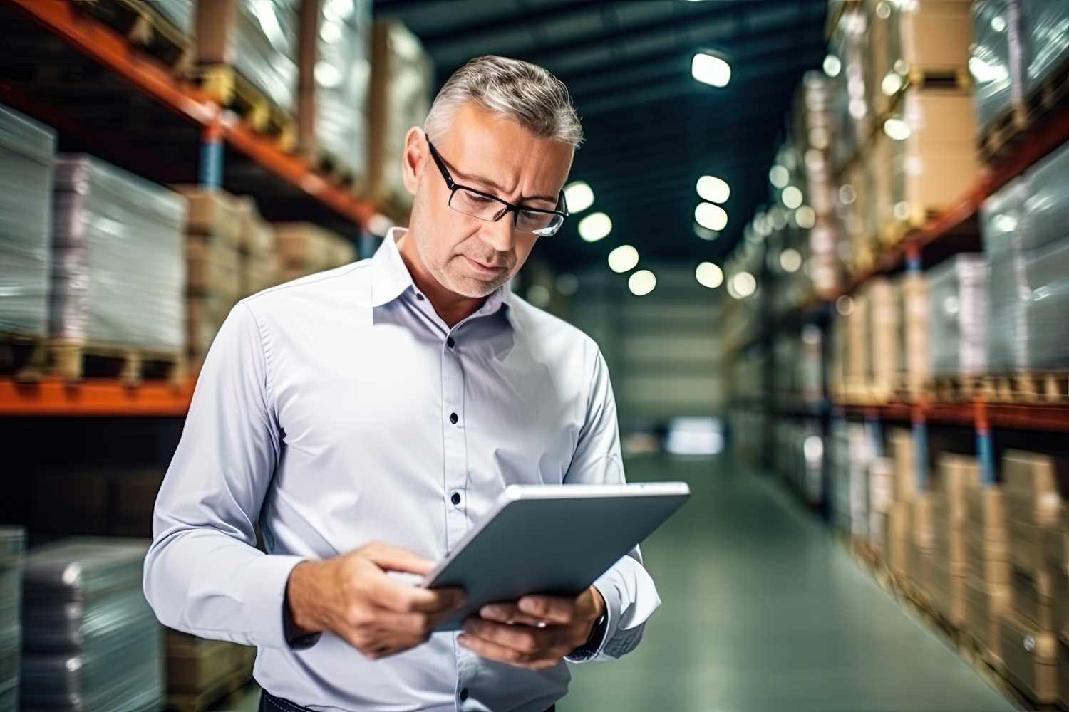 Warehouse accounting and bookkeeping. A middle-aged man stands in a warehouse with a tablet computer and checks the statements for the presence of goods.
